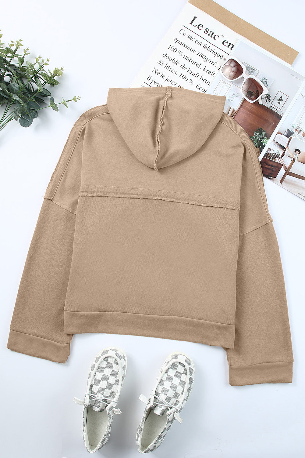 Khaki Solid Casual Button Patchwork Seam Trim Hoodie