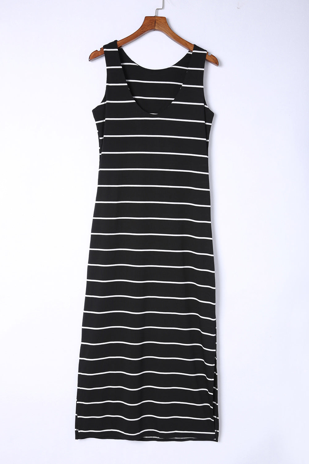 White Stripe Print Open Back Sleeveless Maxi Dress With Slits