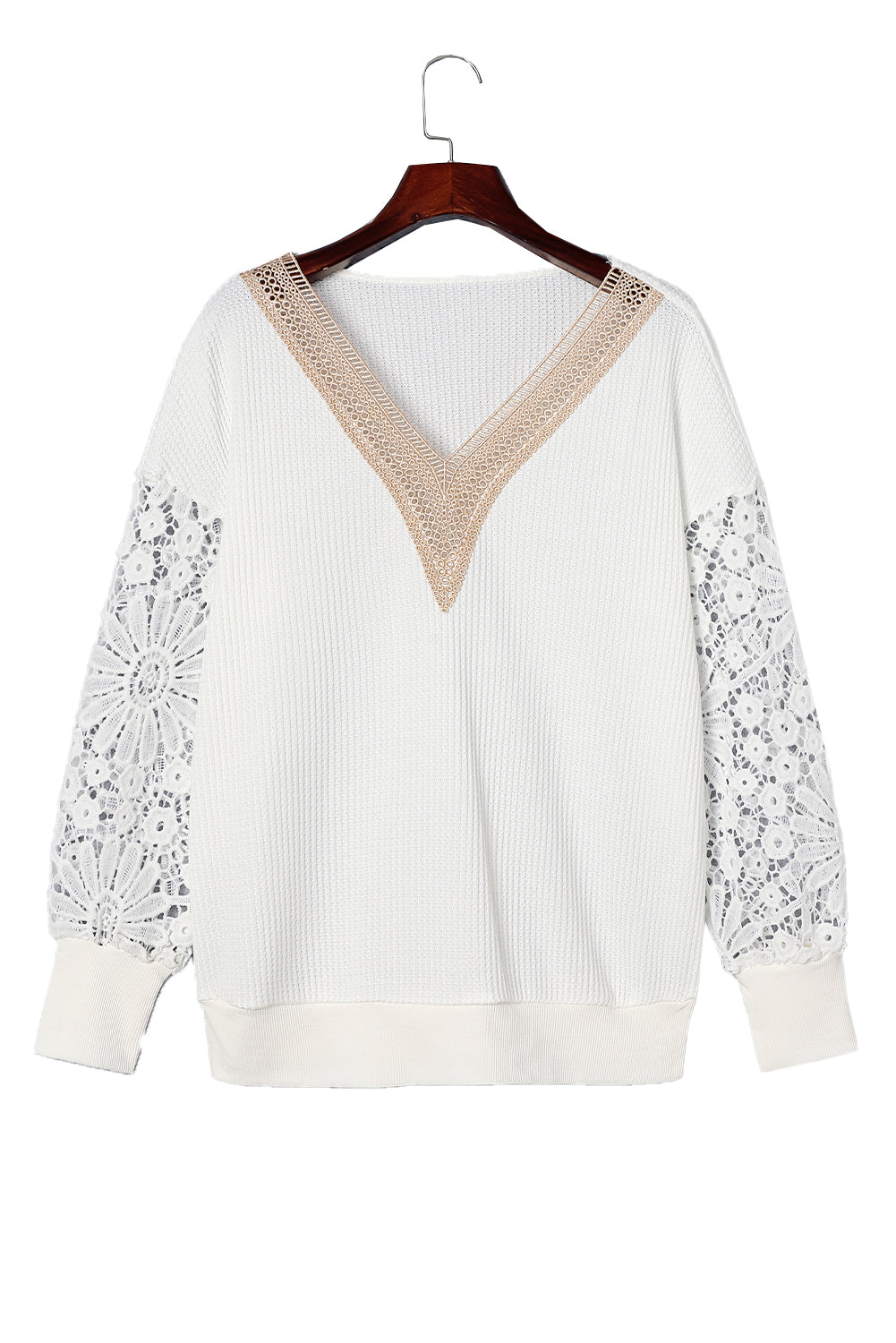 White Lace Splicing V Neck Drop Sleeve Shirt