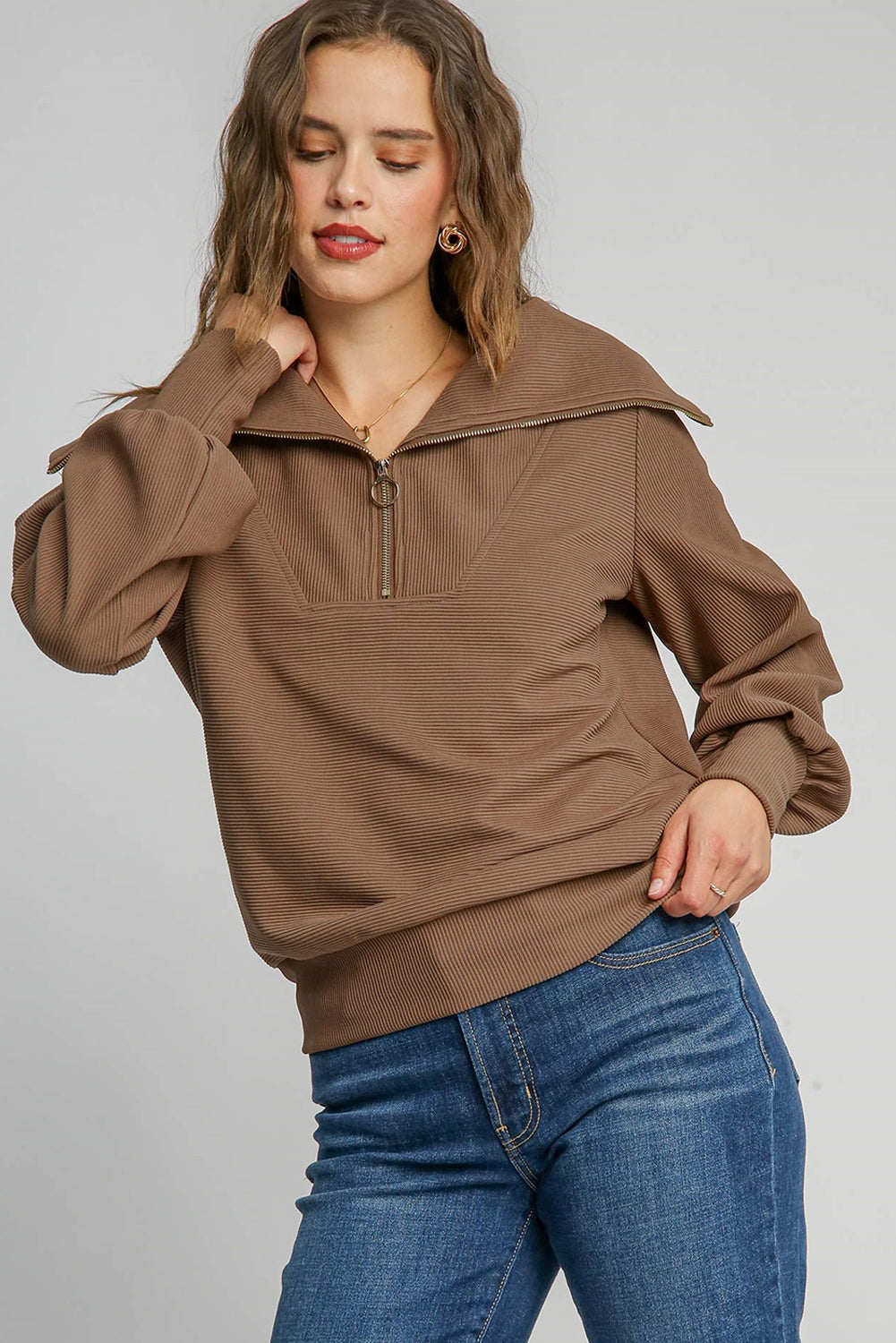 Coffee Solid Long Sleeve Zipper Pocket Pants Set