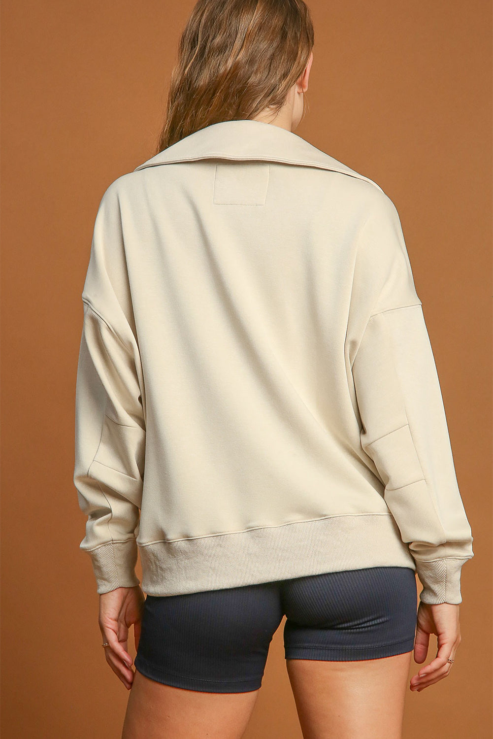 Beige Solid Long Sleeve Collar Drawstring Pants Set