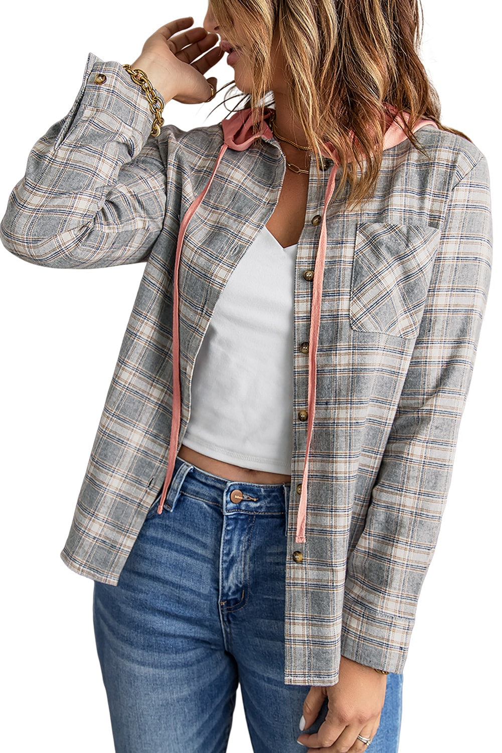 Black Plaid Drawstring Hooded Shacket