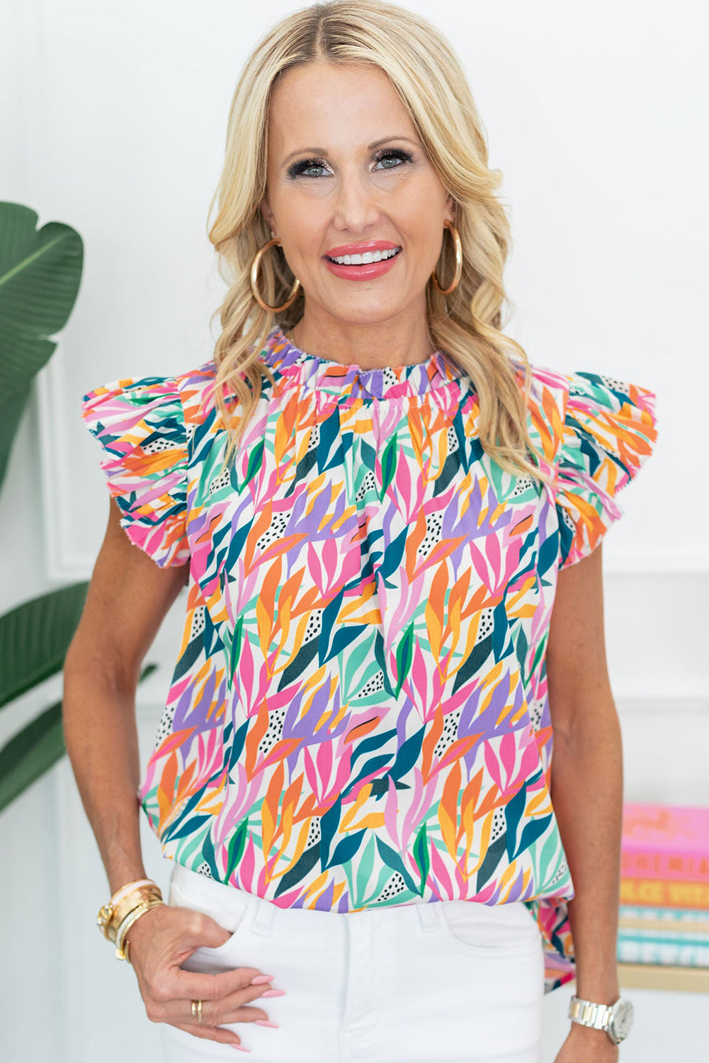 Rose Red Abstract Print Ruffled Flutter Shoulder Blouse