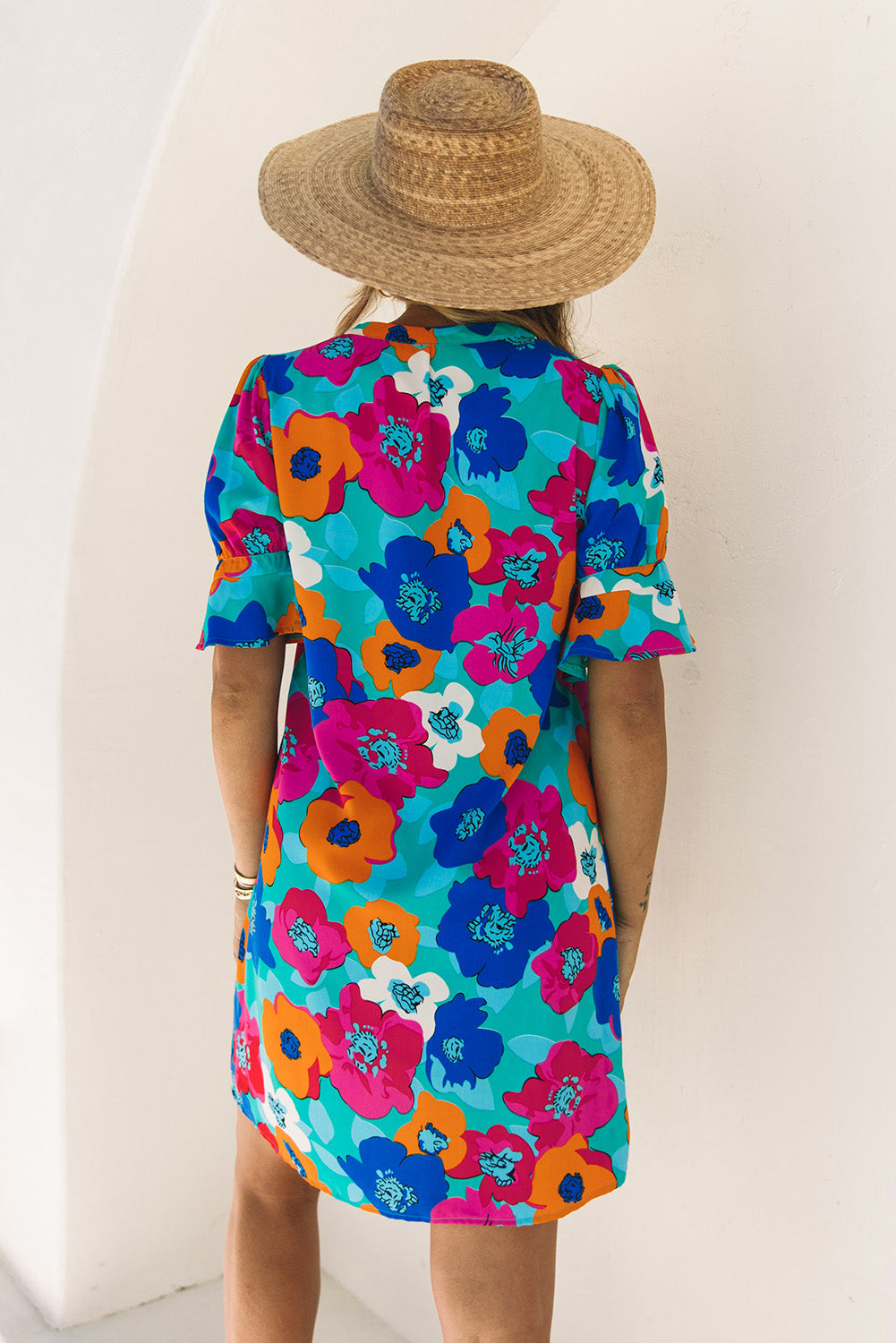 Rose Floral Print Mandarin Collar Short Sleeve Tunic Dress
