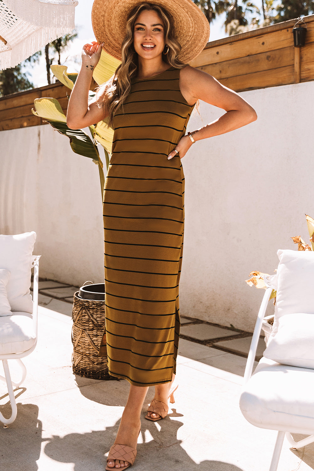 White Stripe Print Open Back Sleeveless Maxi Dress With Slits