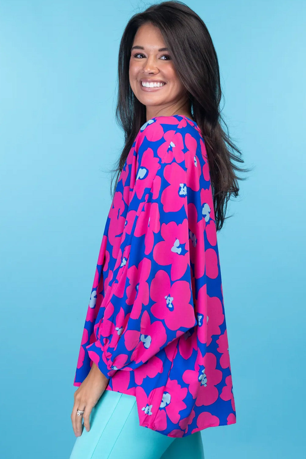 Rose Floral Long Sleeve V Neck Blouse