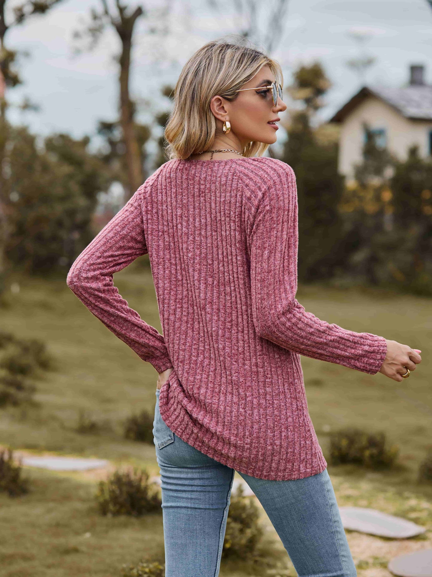 Ribbed Square Neck Long Sleeve Tee