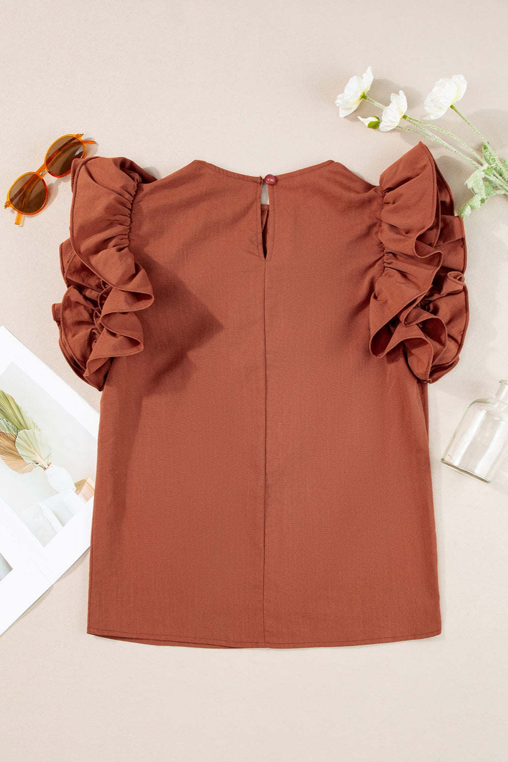 Ruffled Round Neck Cap Sleeve Blouse