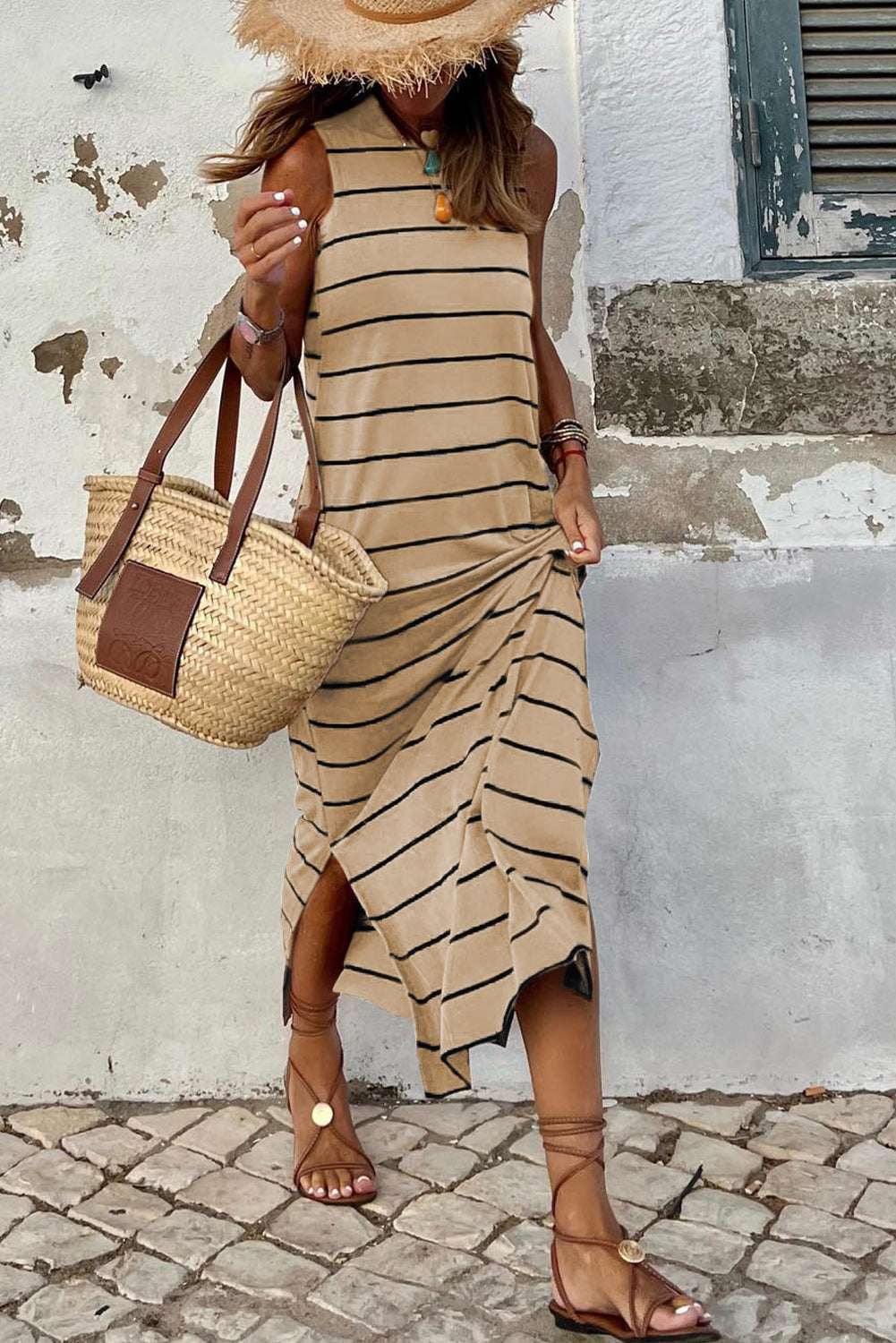White Stripe Print Open Back Sleeveless Maxi Dress With Slits