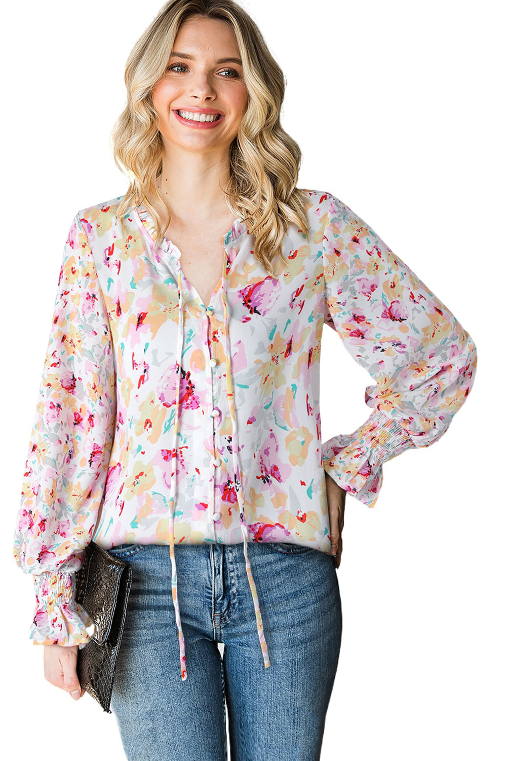 Red Floral Print Boho Tie Front Long Sleeve Blouse for Women