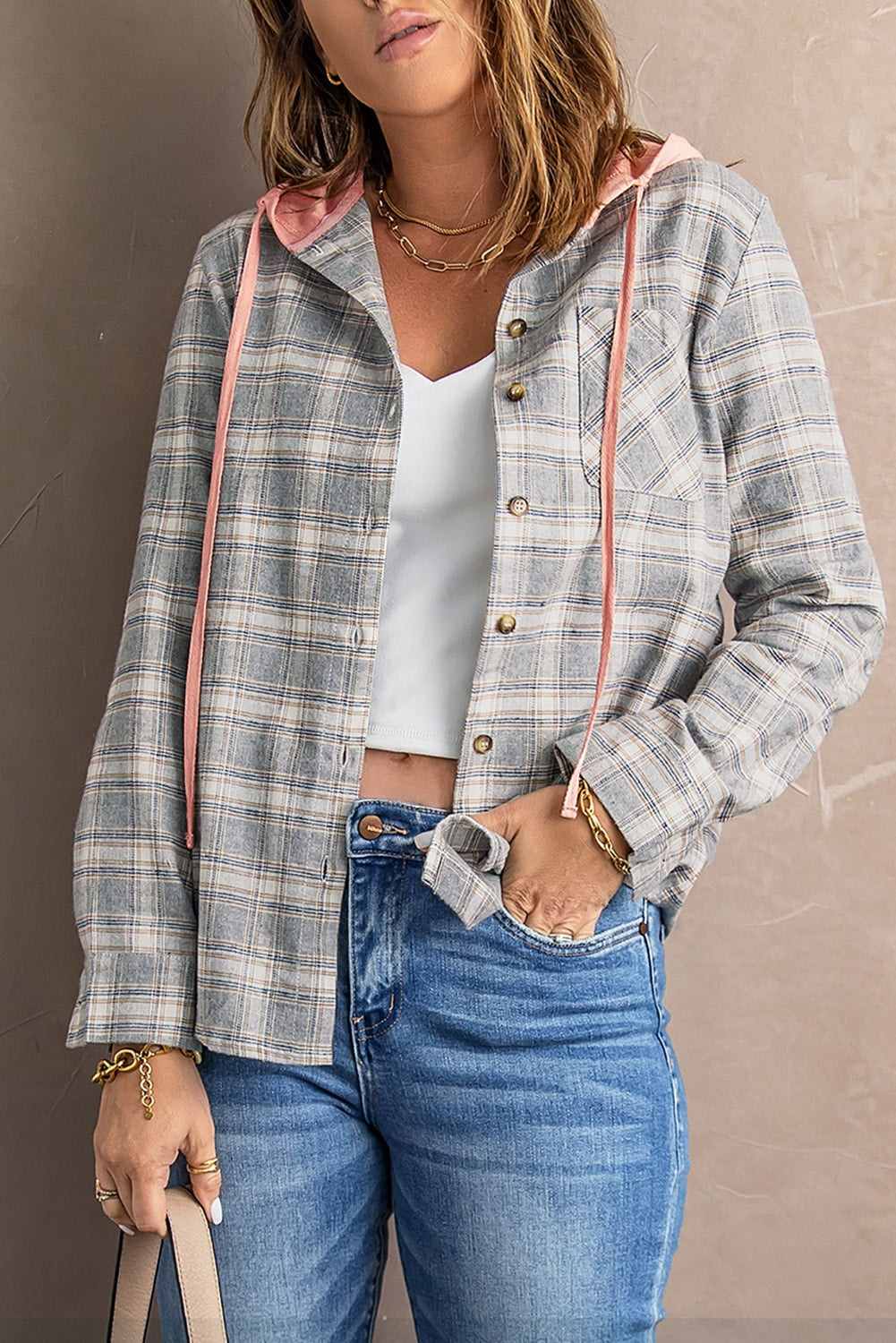 Black Plaid Drawstring Hooded Shacket