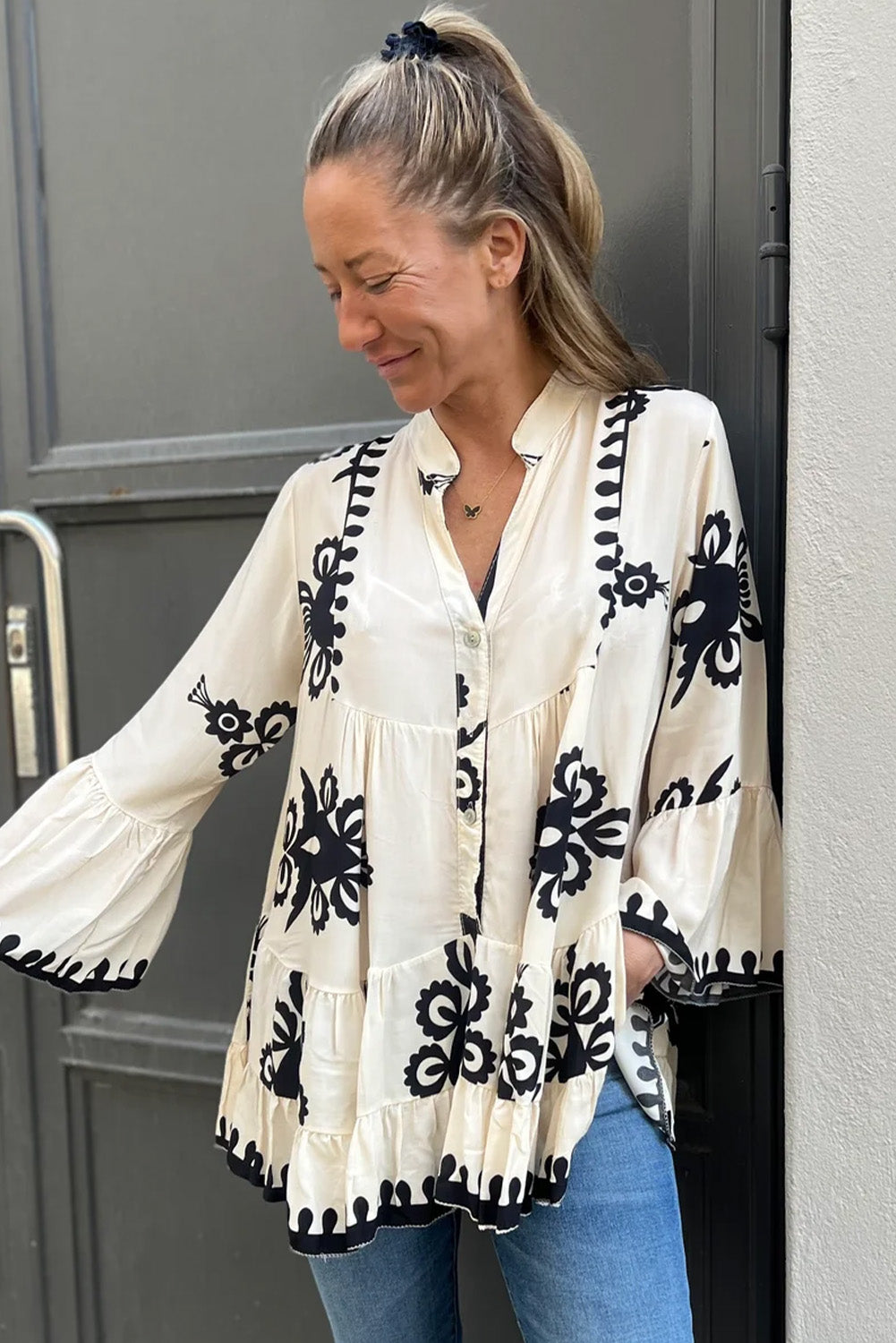 White Boho Print Button Bell Sleeve Ruffle Hem Blouse