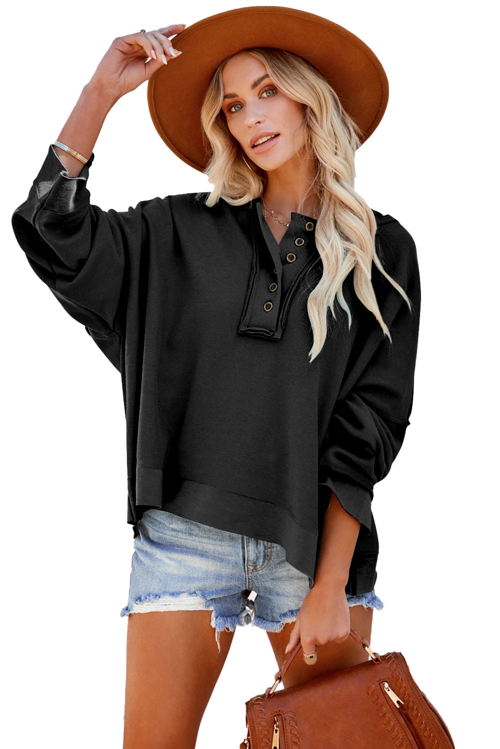 Khaki Solid Casual Button Patchwork Seam Trim Hoodie