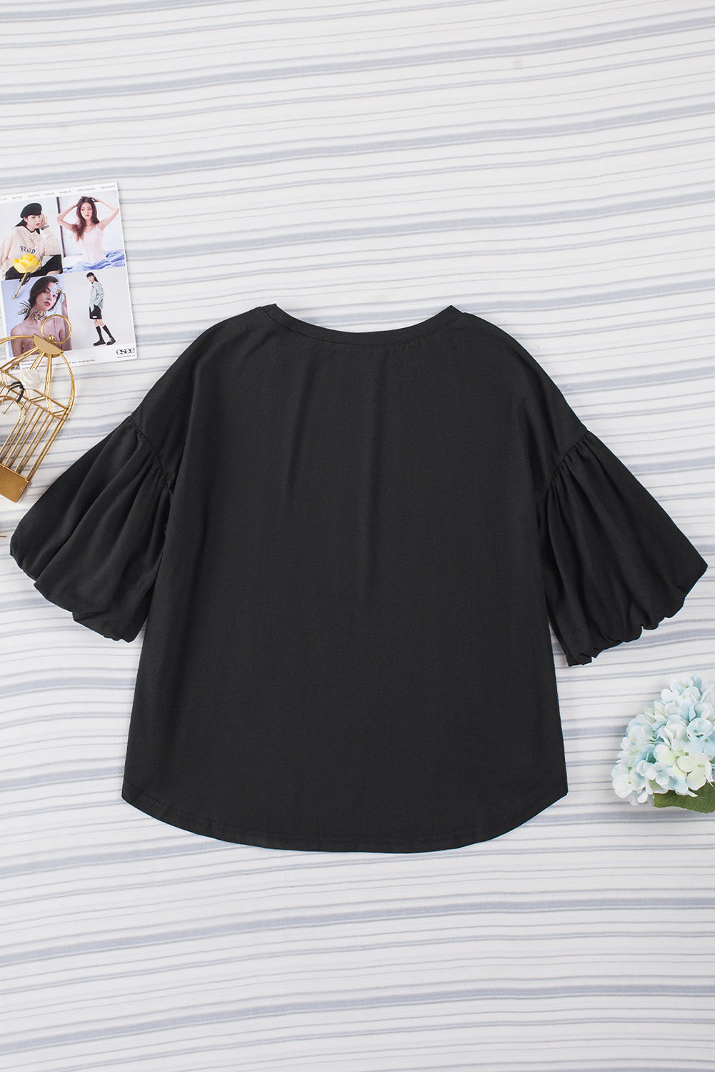 White Solid Color Casual Bubble Sleeve Blouse