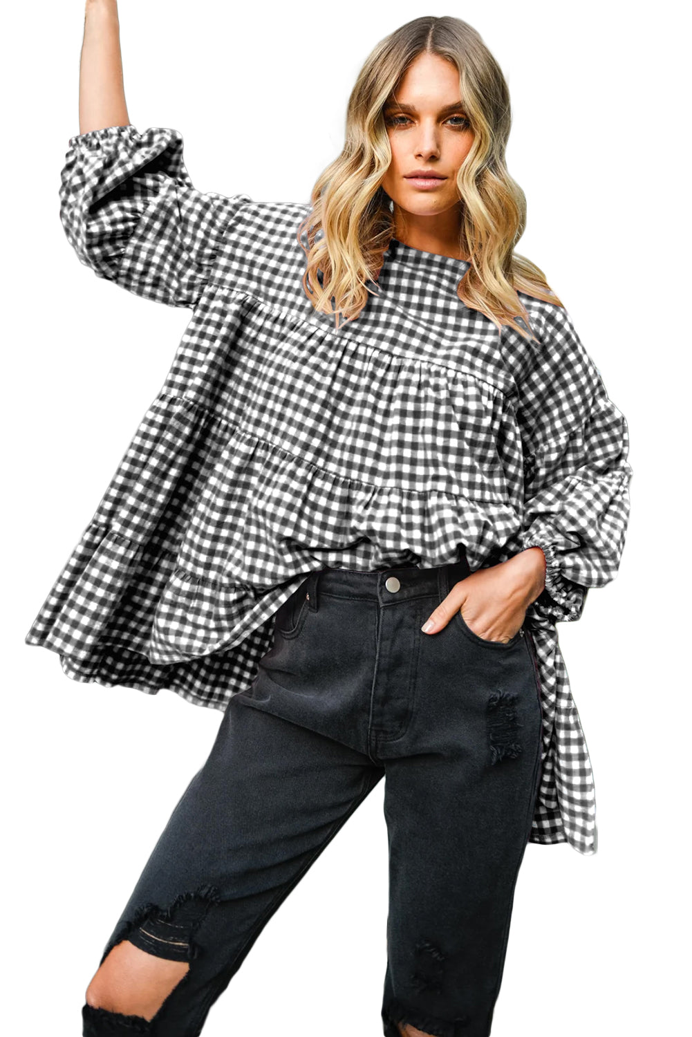 Black Plaid Drop Sleeve Tiered Oversized Blouse