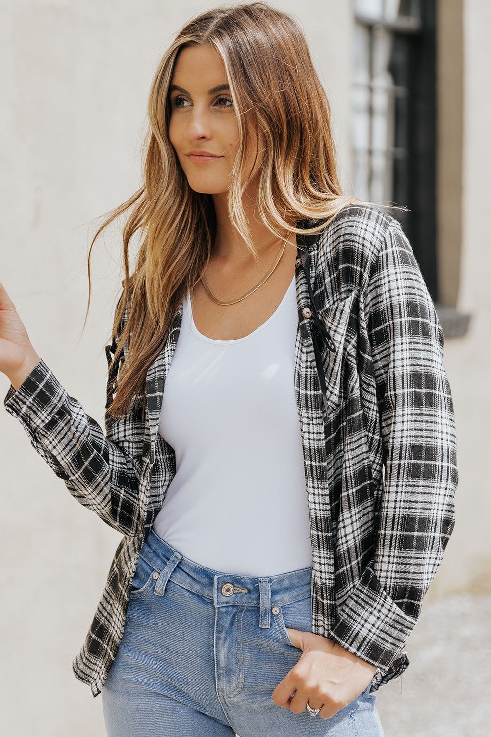 Black Plaid Drawstring Hooded Shacket