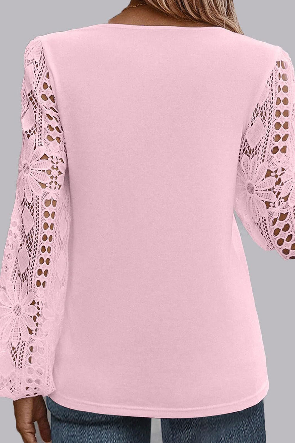 Pink Lace Patchwork Sleeve Asymmetrical Square Neck Blouse