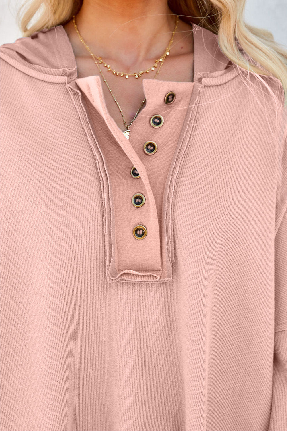 Khaki Solid Casual Button Patchwork Seam Trim Hoodie