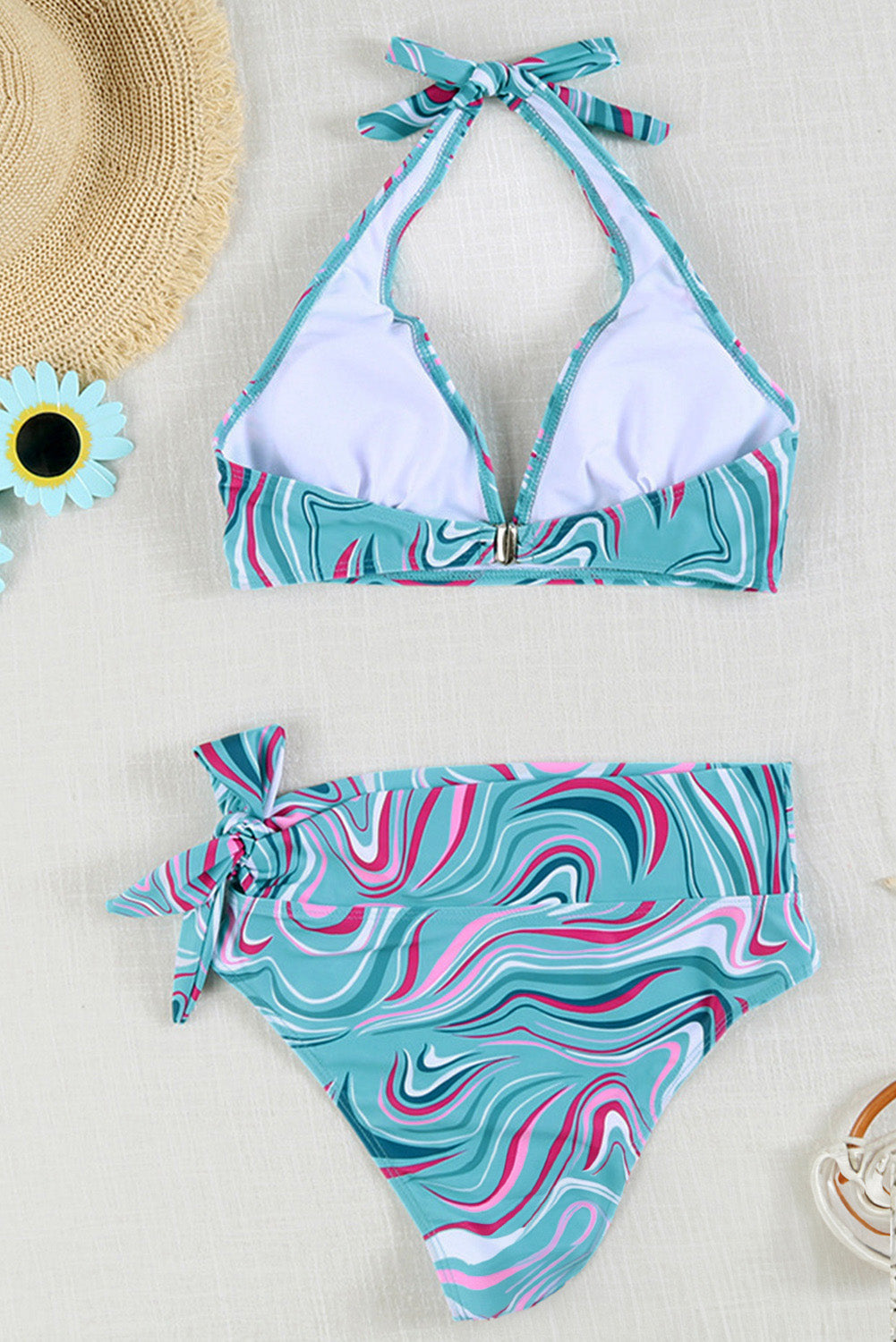 Sky Blue Swirl Camo Print High Waist Halter Bikini Set
