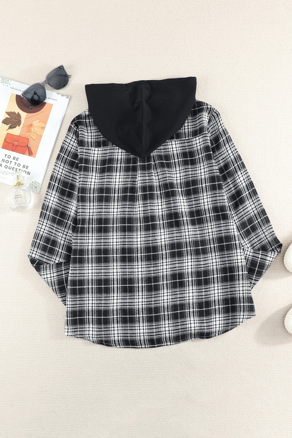 Black Plaid Drawstring Hooded Shacket