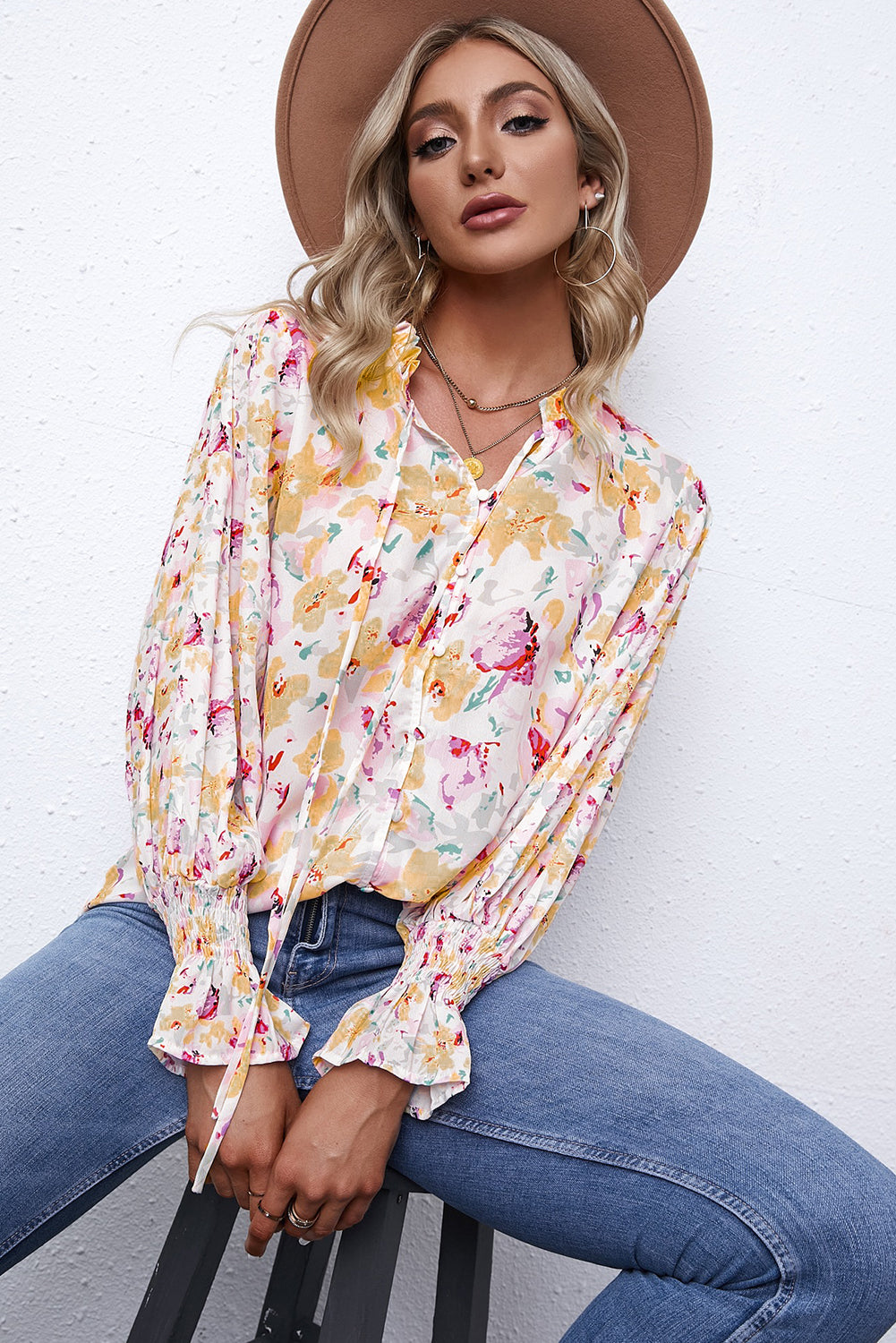 Red Floral Print Boho Tie Front Long Sleeve Blouse for Women
