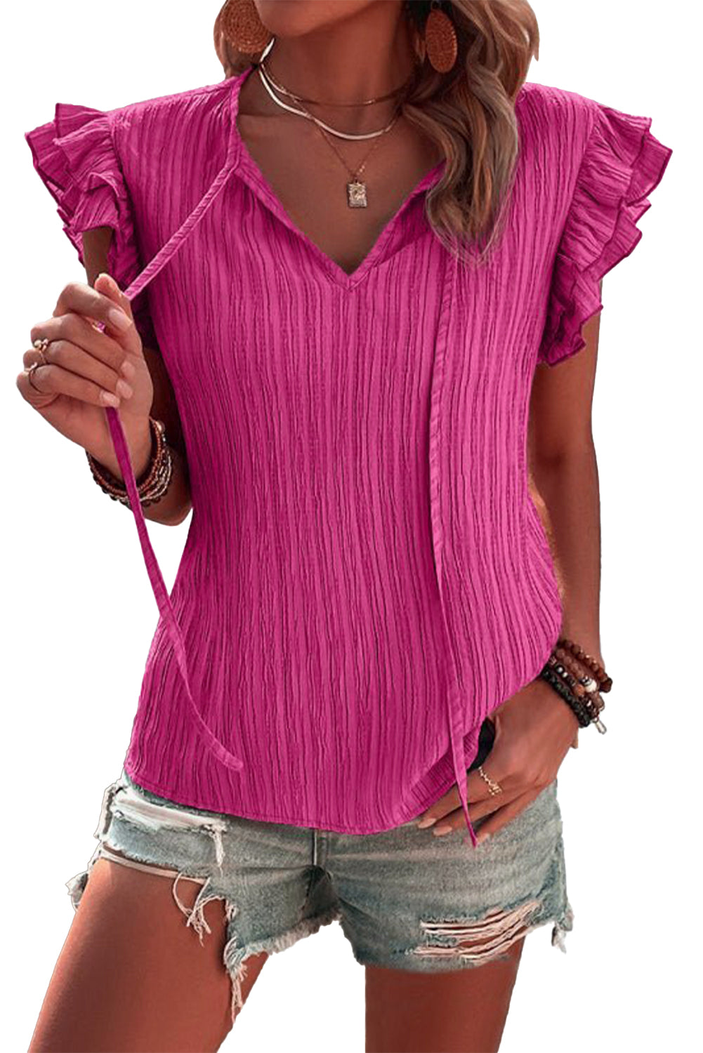 Rose Red Textured Tie Neck Ruffle Sleeve Blouse