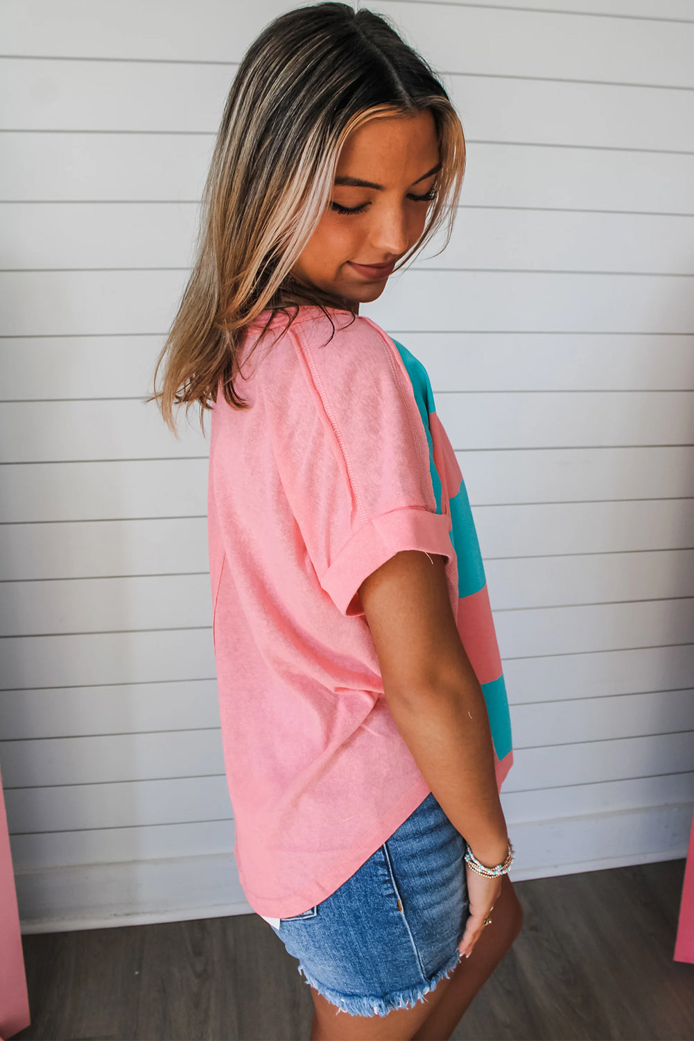 Rose Stripe Casual Short Sleeve Round Neck Blouse