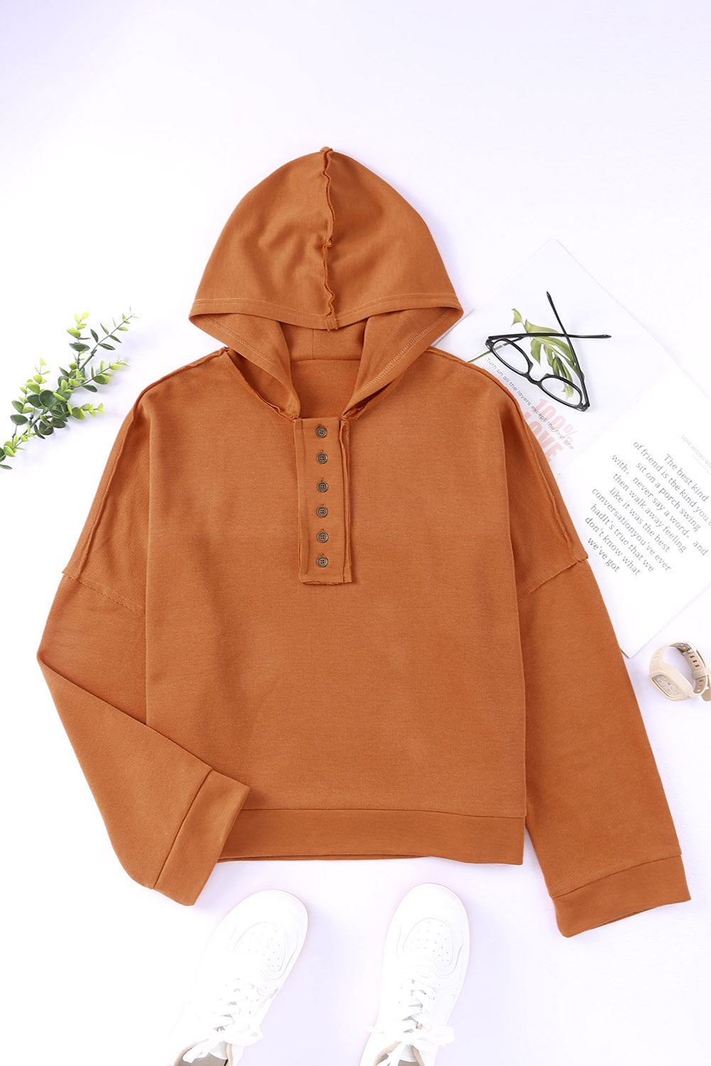 Khaki Solid Casual Button Patchwork Seam Trim Hoodie