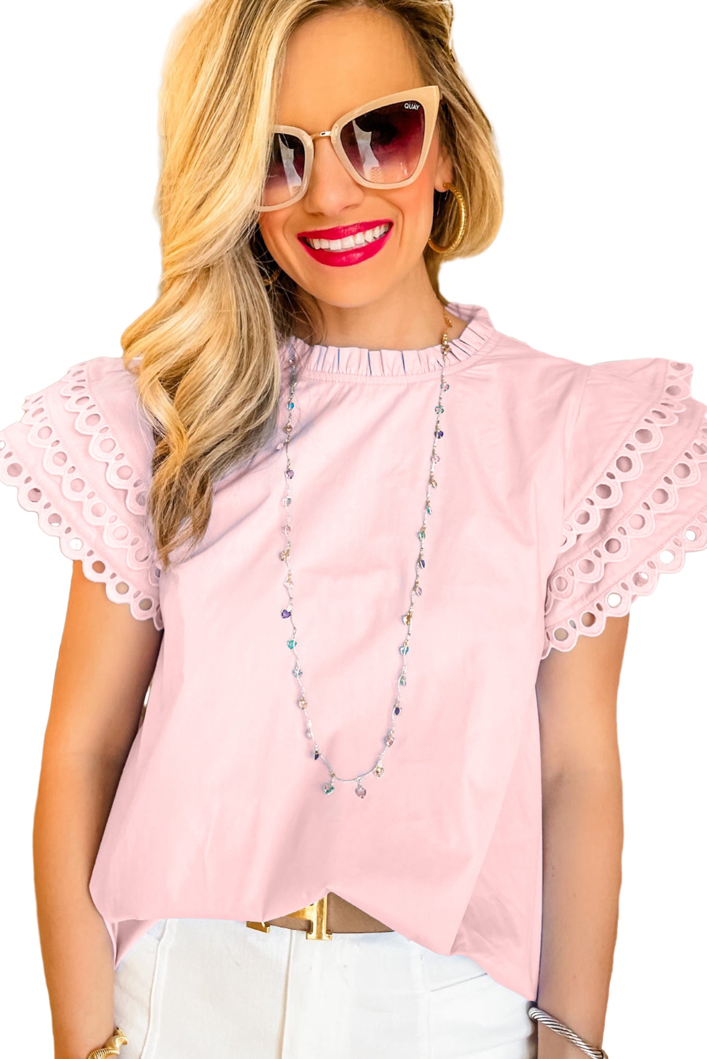 Light Pink Ricrac Layered Cap Sleeve Frill Neck Blouse