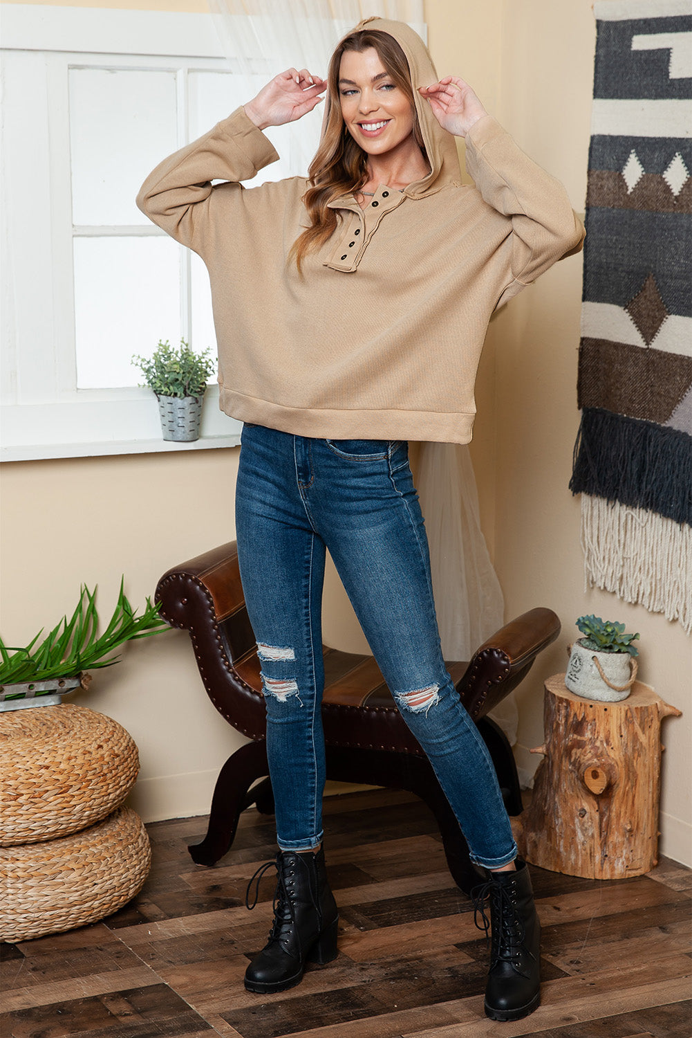Khaki Solid Casual Button Patchwork Seam Trim Hoodie