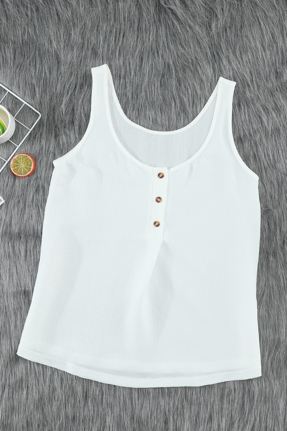White Scoop Neck Loose Fit Button Front Tank Top for Women