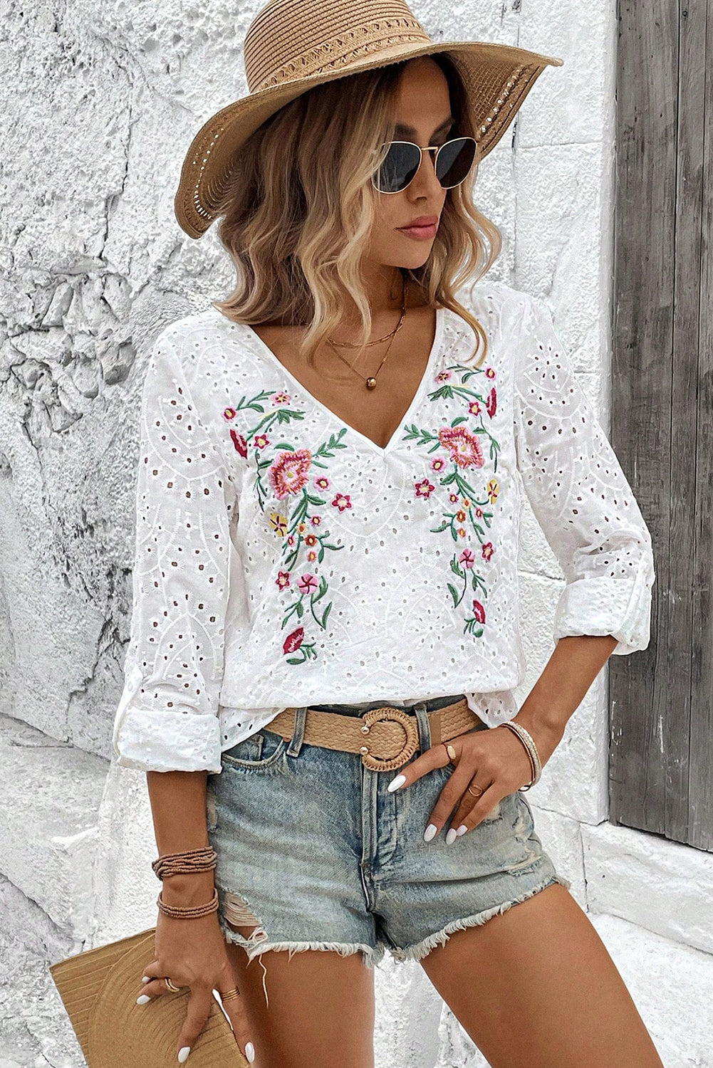 White Floral Embroidered Eyelet Boho Blouse