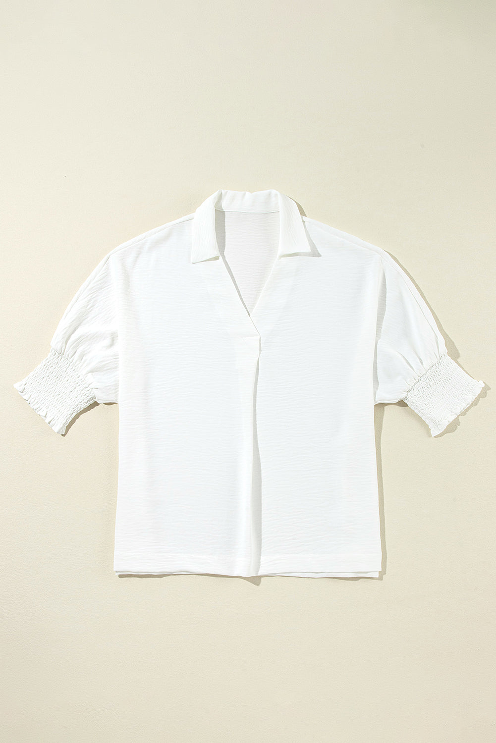 White Crinkled Collared Smocked Cuffs Dolman Blouse