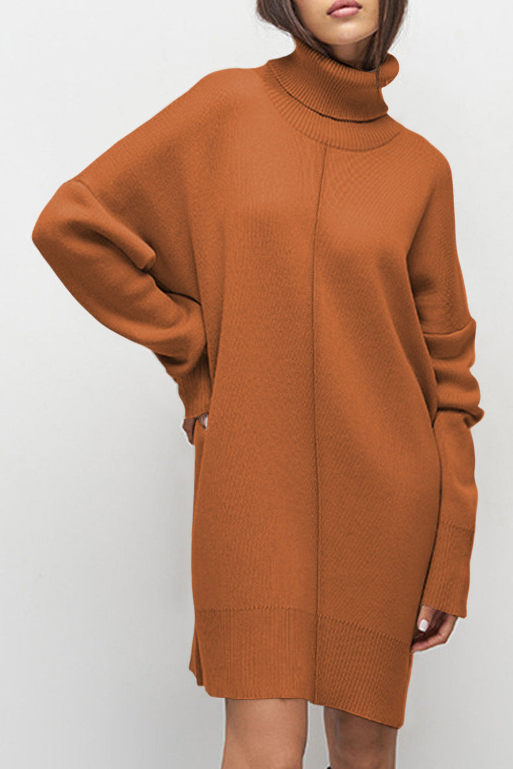 Black Solid Color Turtleneck Drop Shoulder Loose Sweater Dress - Kustom Kreations Goods