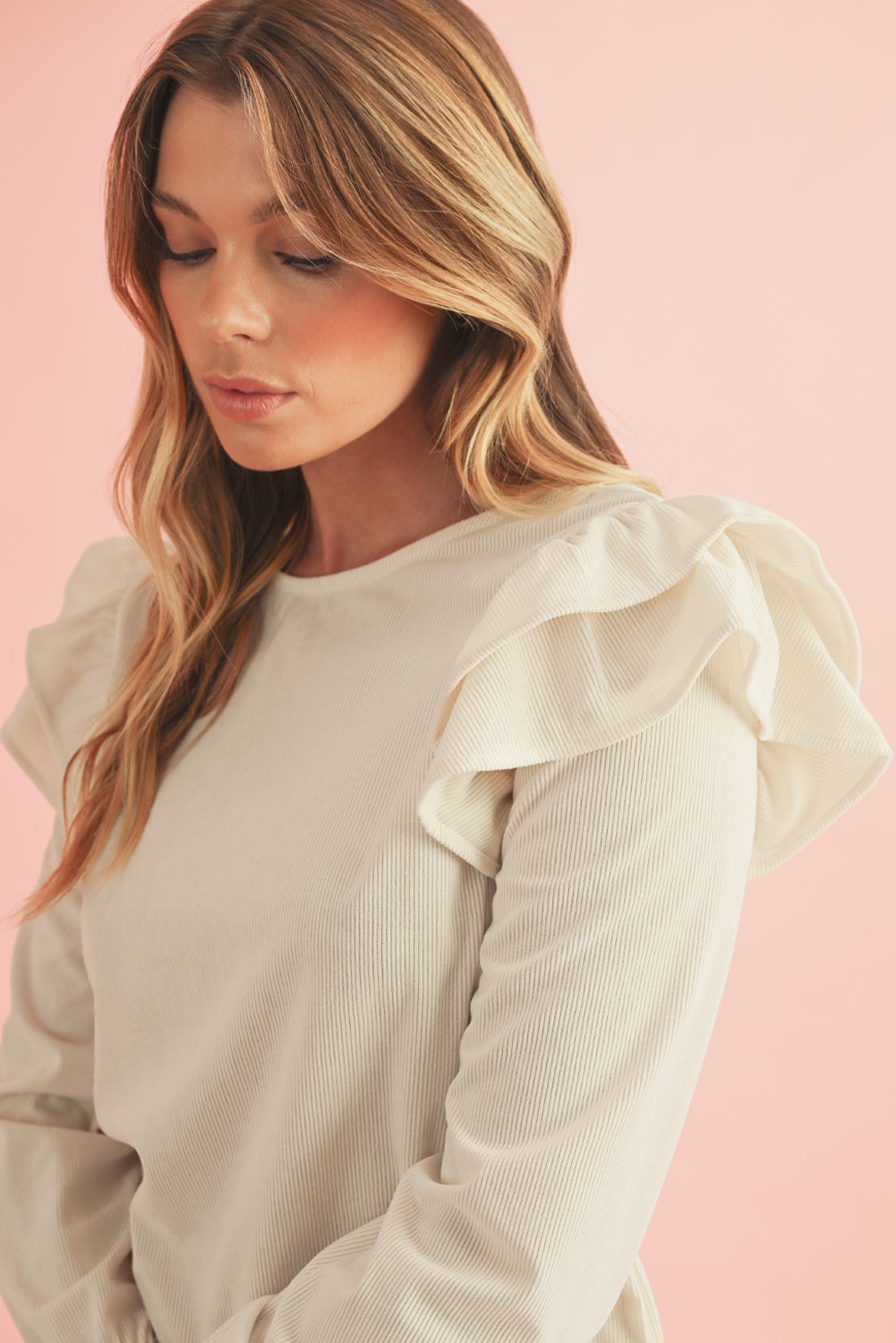 Beige Corduroy Round Neck Ruffled Flounce Sleeve Blouse - Kustom Kreations Goods