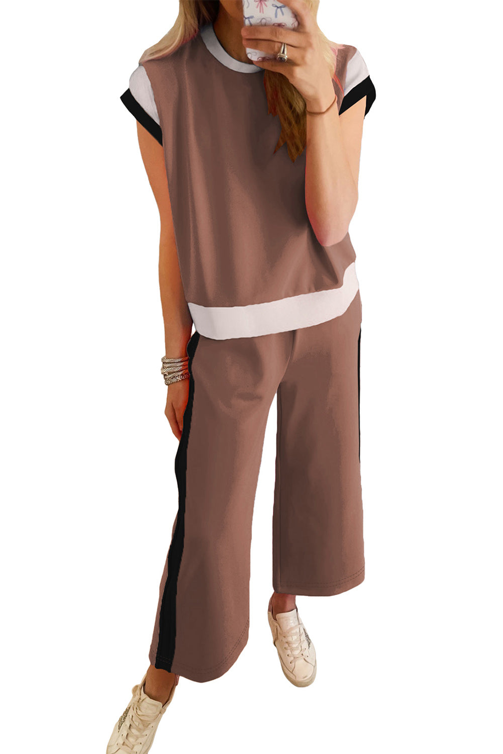 Chestnut Colorblock Cap Sleeve Tee and Wide Leg Pants Set