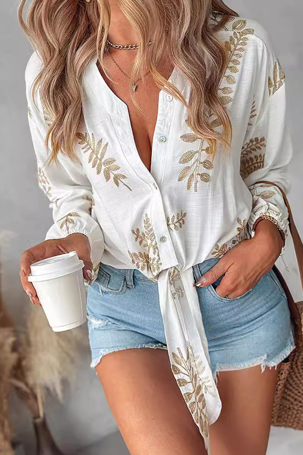 White Embroidered Leaf Tie V Neck Long Sleeve Blouse