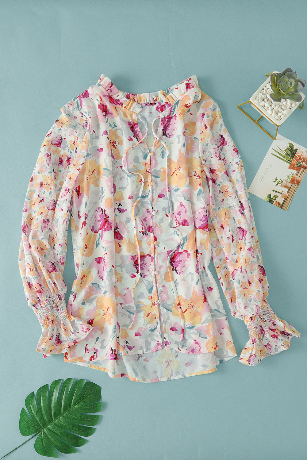 Red Floral Print Boho Tie Front Long Sleeve Blouse for Women