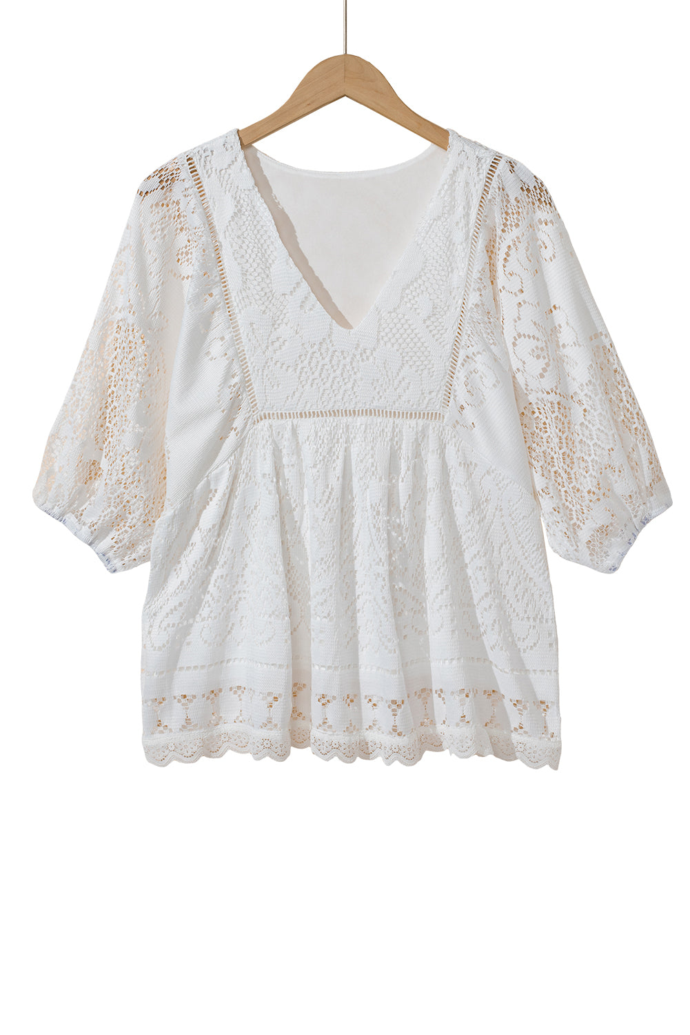 White Lace Crochet Hollowed Scallop Hem V Neck Blouse
