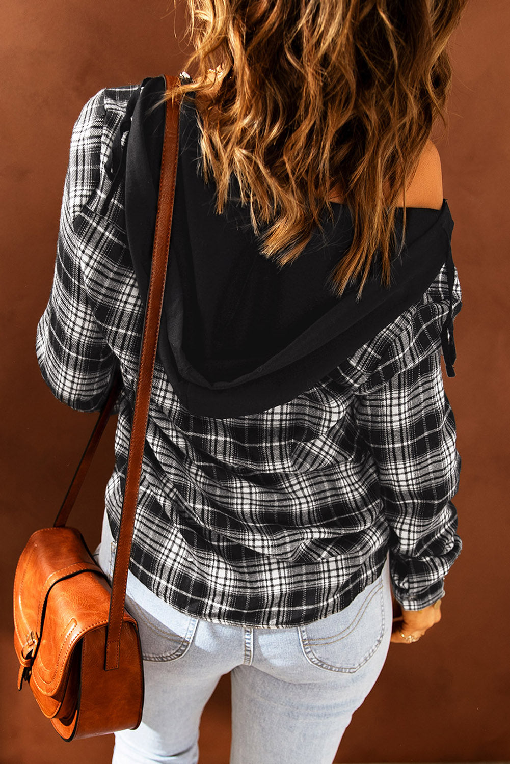 Black Plaid Drawstring Hooded Shacket