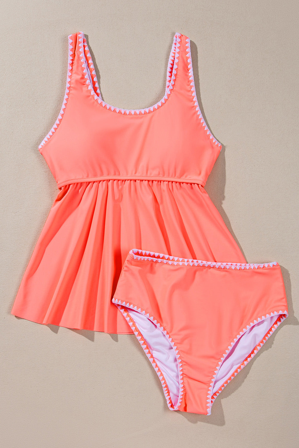Fresh Salmon Contrast Trim Ruffled Peplum Tankini Set