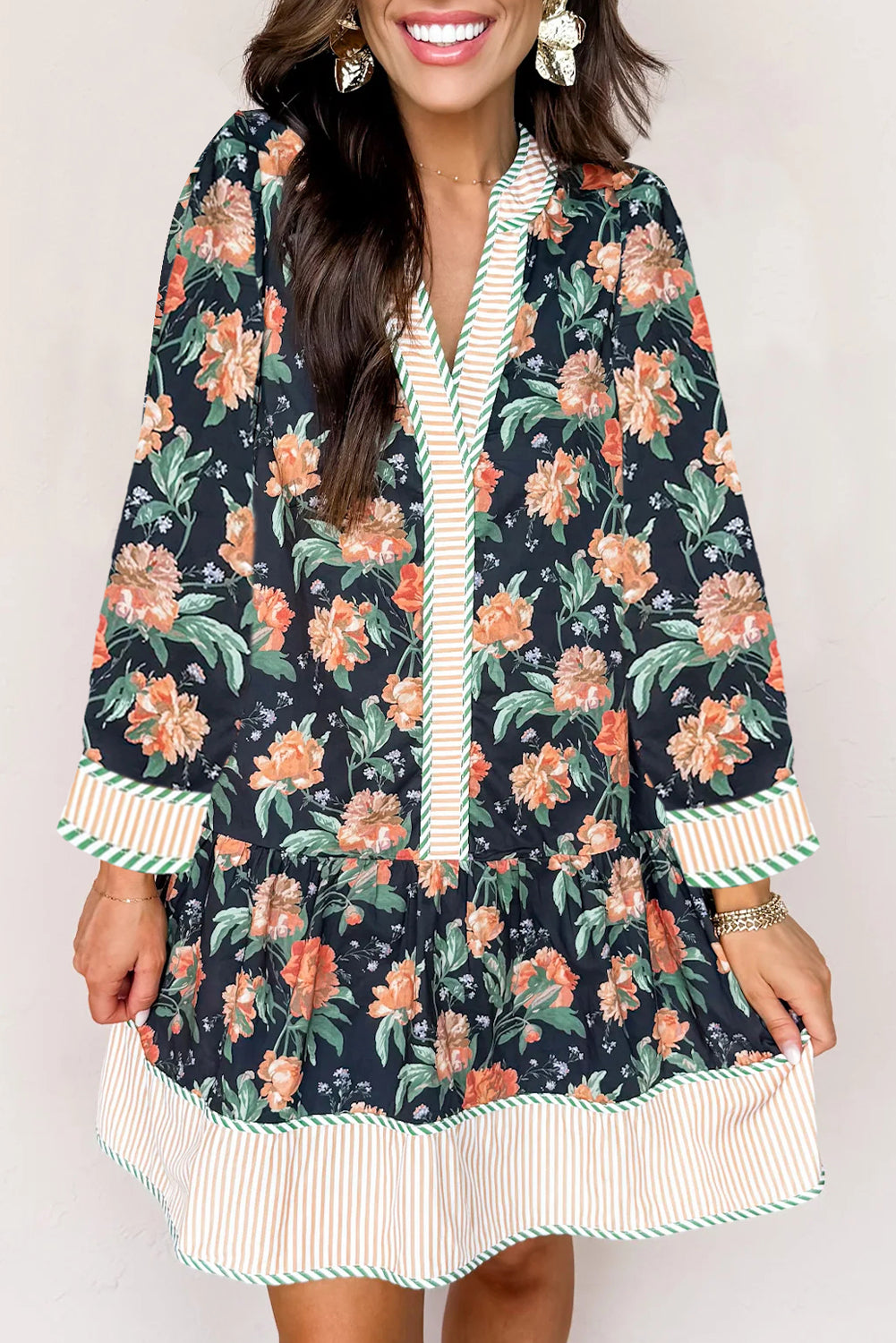 Blue Floral Print Striped Trim V Neck Long Sleeve Ruffle Hem Shift Mini Dress