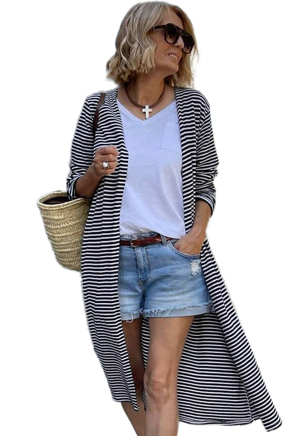 Black and White Striped Print Open Front Long Cardigan - Kustom Kreations Goods