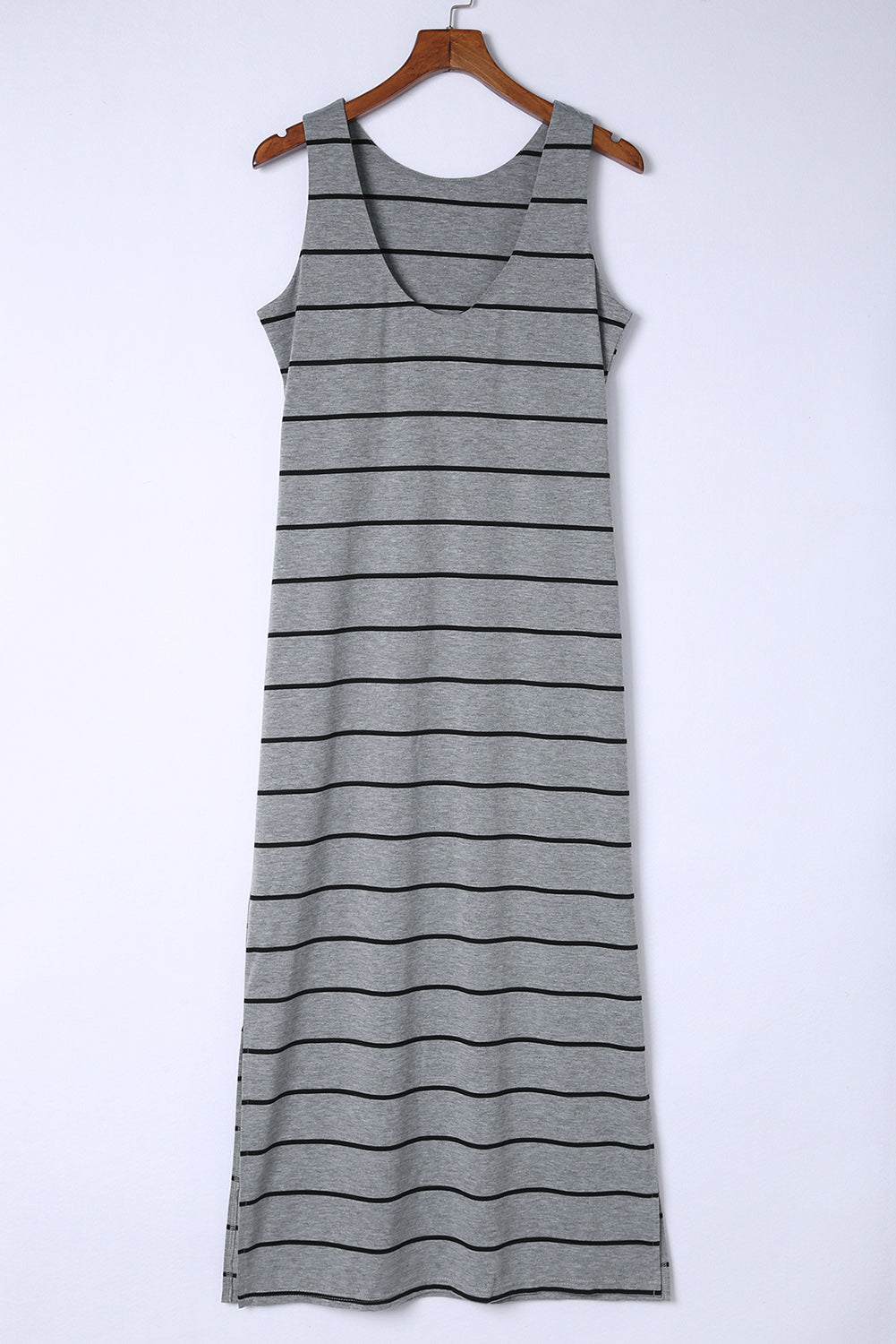 White Stripe Print Open Back Sleeveless Maxi Dress With Slits
