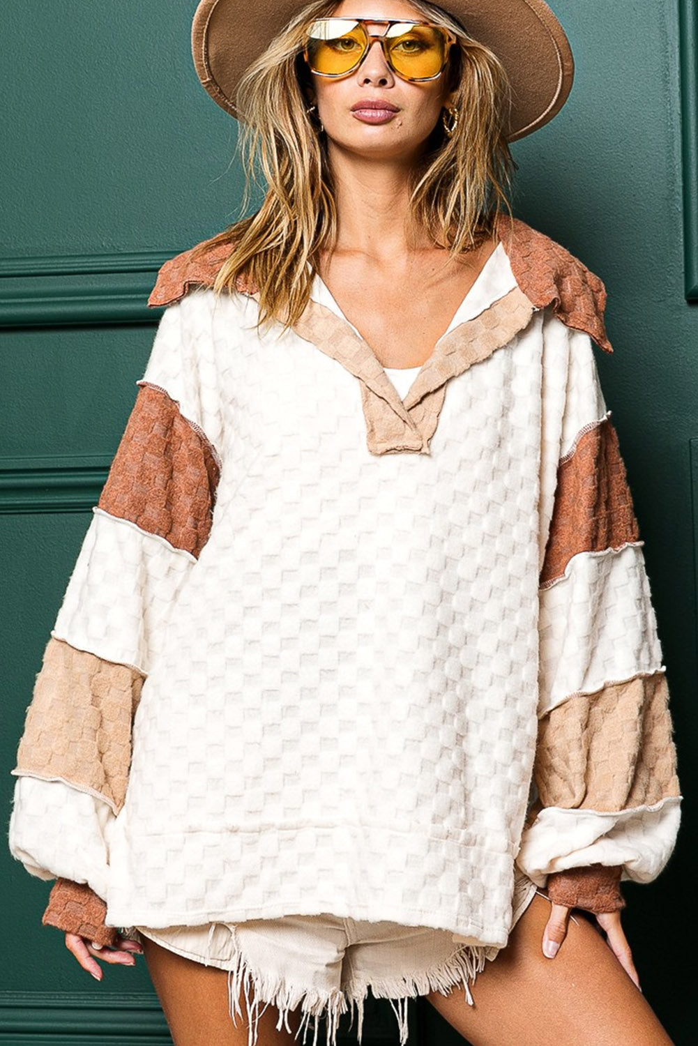 White Patchwork Lantern Sleeve Collared Top