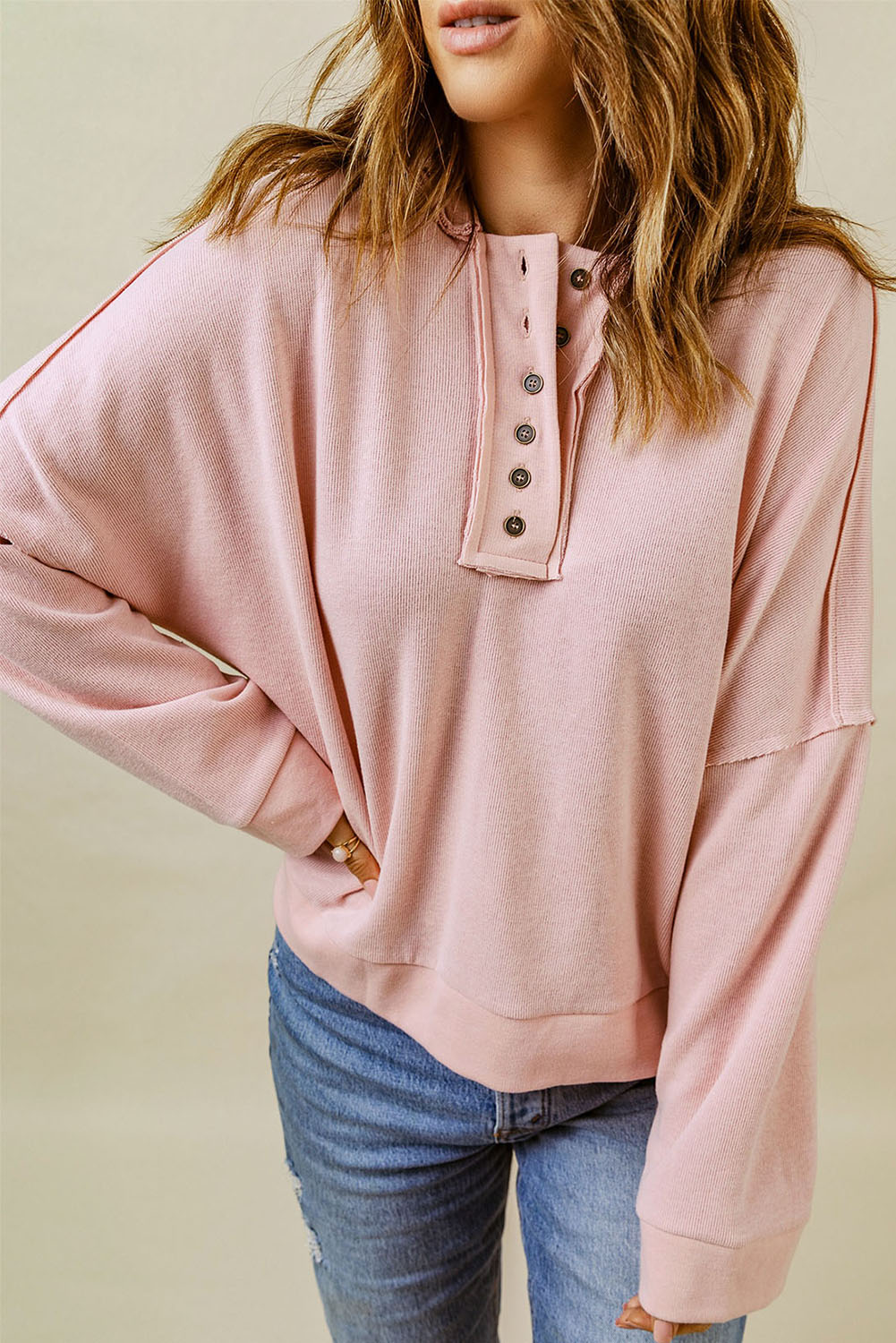 Khaki Solid Casual Button Patchwork Seam Trim Hoodie