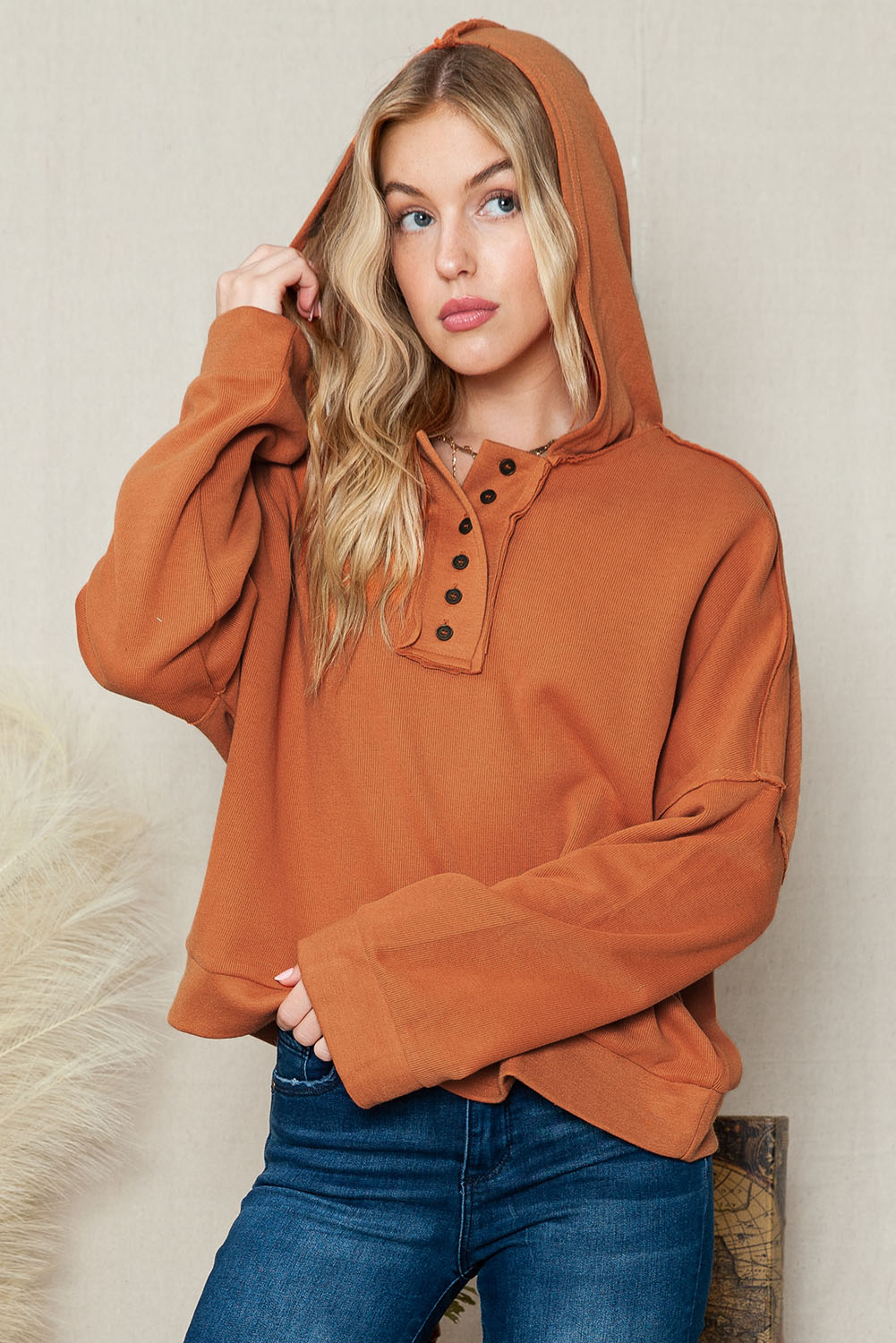 Khaki Solid Casual Button Patchwork Seam Trim Hoodie