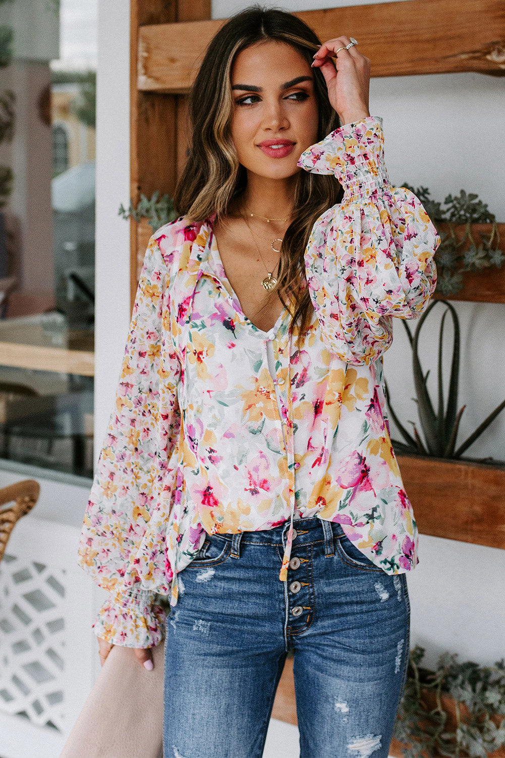 Red Floral Print Boho Tie Front Long Sleeve Blouse for Women