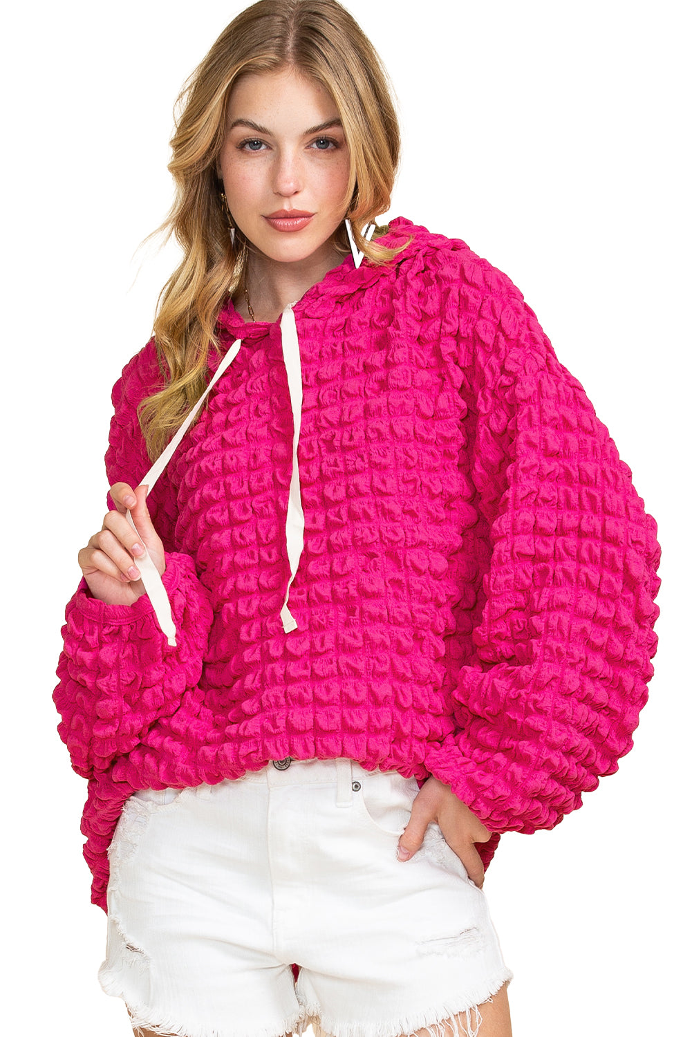 Green Waffle Textured Drawstring Pullover Hoodie