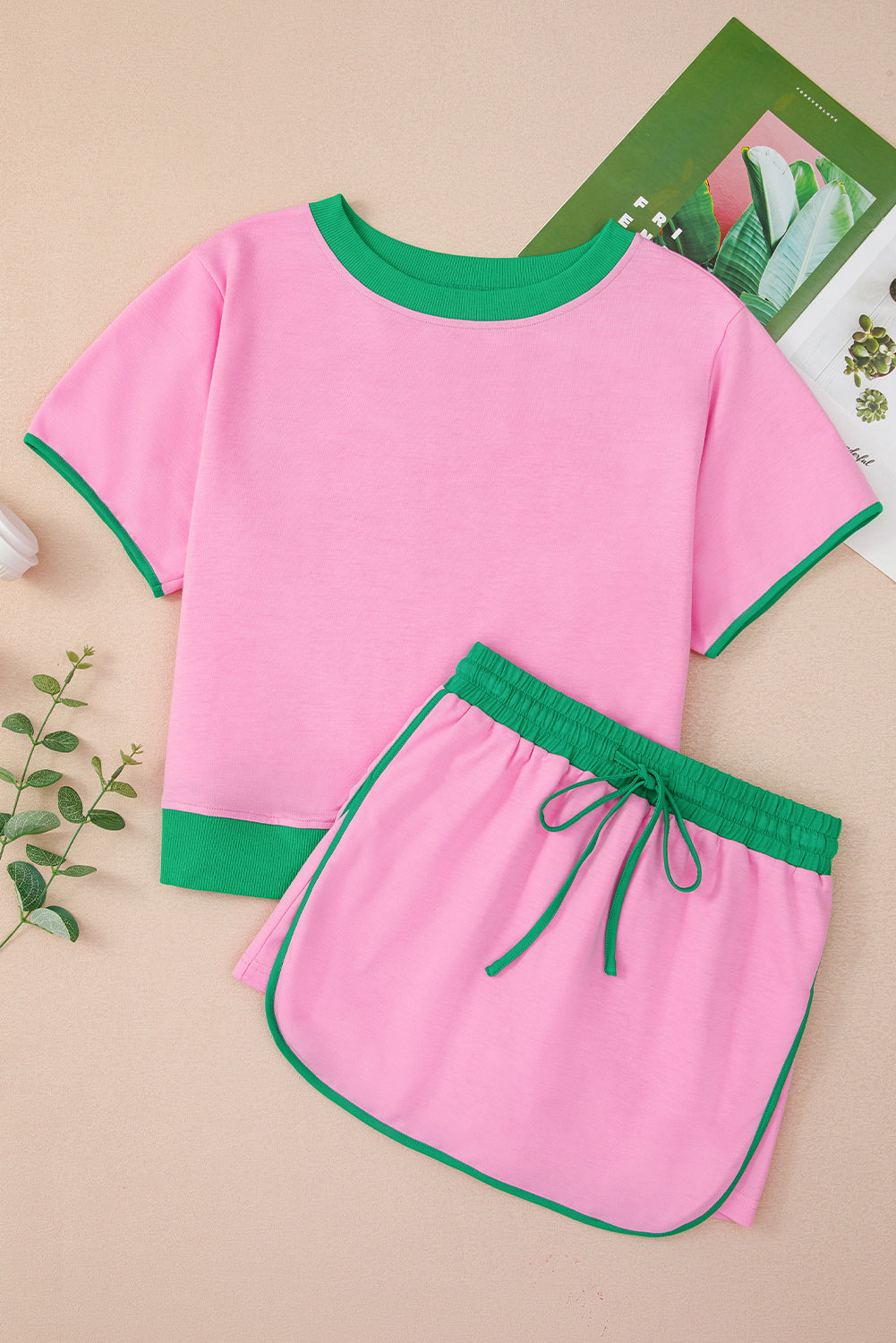 Turquoise Colorblock Edge Drop Shoulder T Shirt and Skort Set